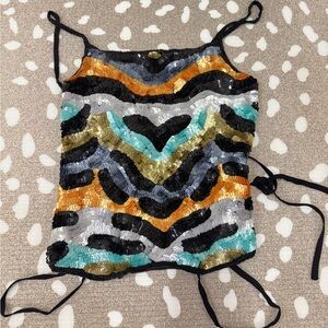 Vintage y2k Caché silk sequined top laceup open back beaded embellish tank cami